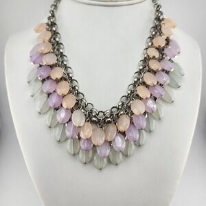 Statement Necklace Pastel Pink Purple Gray Bead Dangle Silver Tone Chain Fashion